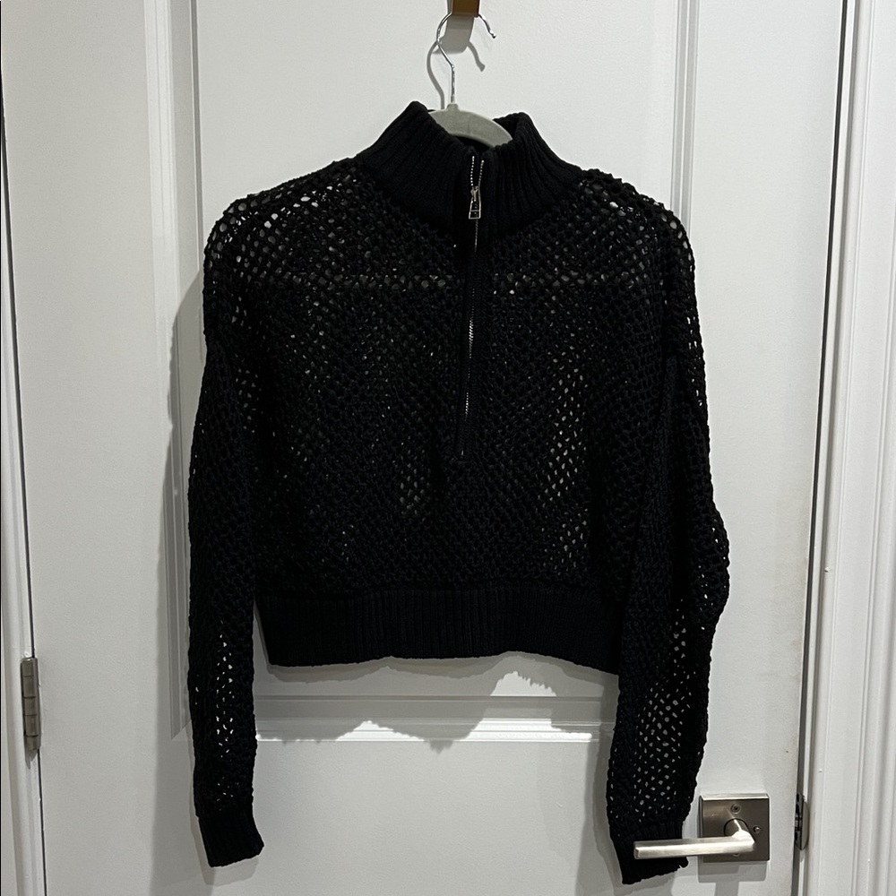 Olivaceous Black Crochet Knit Zip-Up Sweater